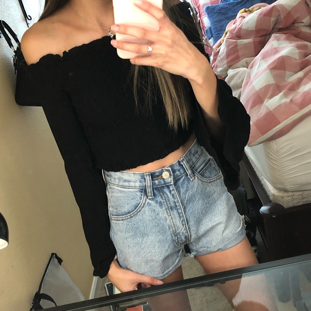 Black Cropped Off the Shoulder Bell Sleeve Shirt
